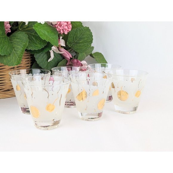 Set of 6 MCM Frosted Double Shot Glasses Gold Citrus Fruit Vintage 1960s Barware - Picture 4 of 10